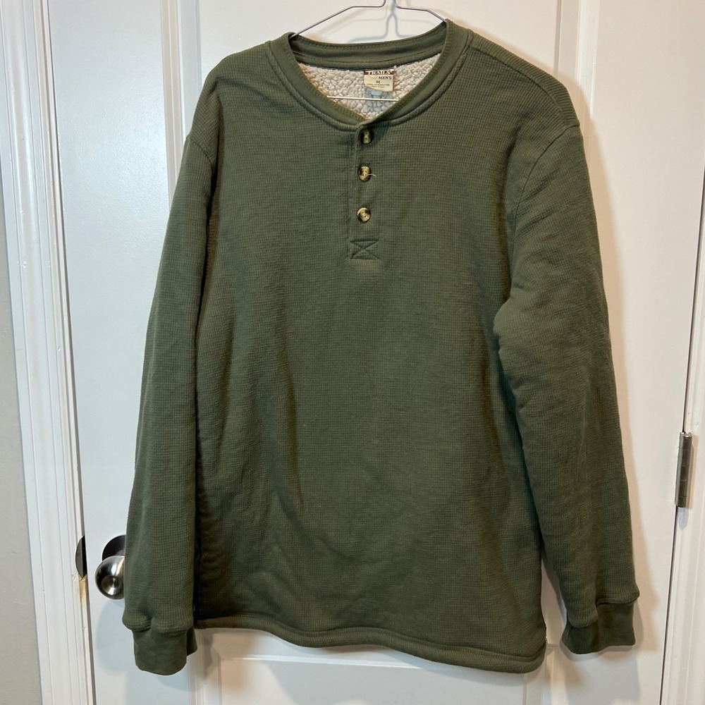 Open Trails Men's Green Waffle Knit Sherpa Lined Henley Long Sleeve Shirt Size M